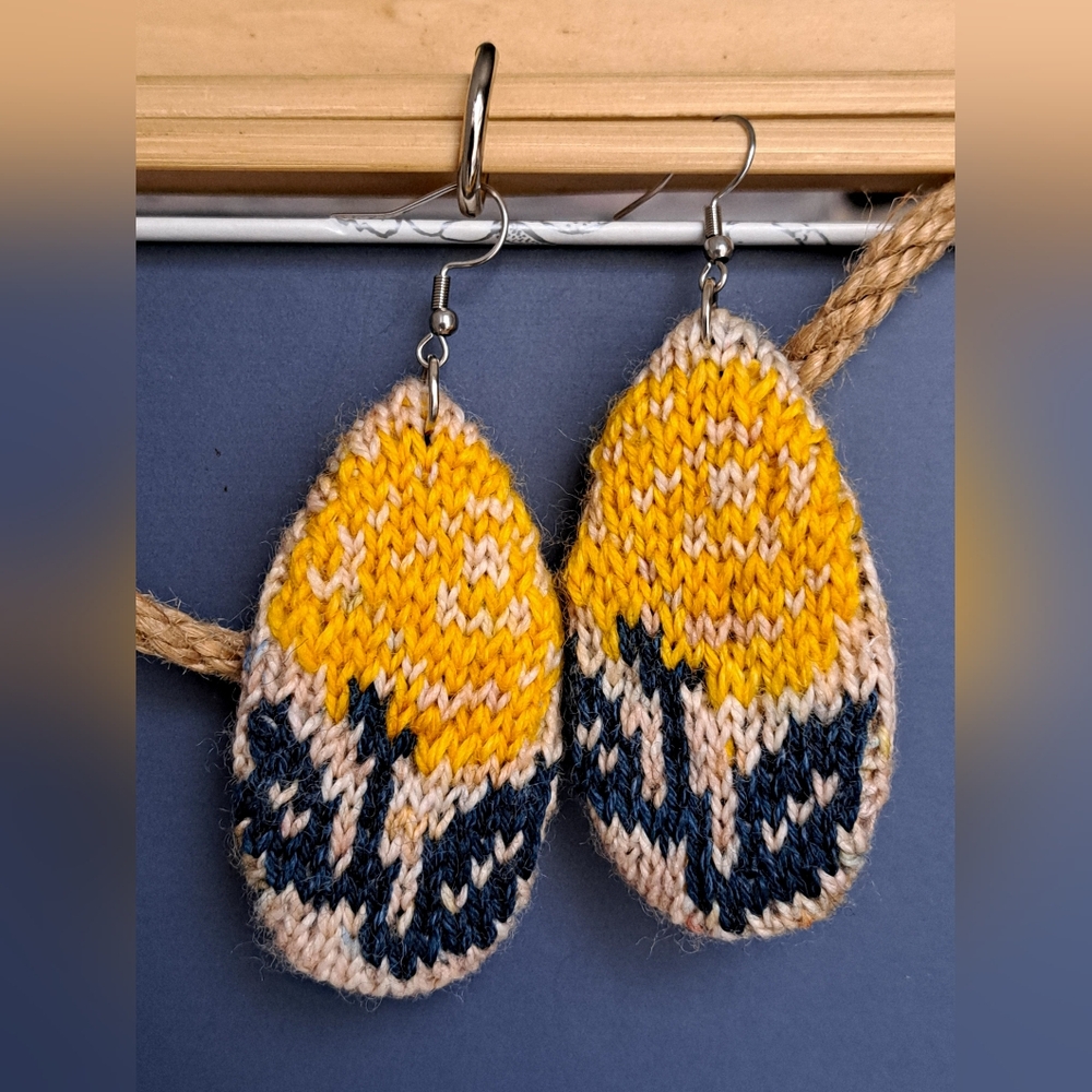 Teardrop Knit Earrings Yellow Green Beige Hand Dyed Yarn Yellow Green Cotton